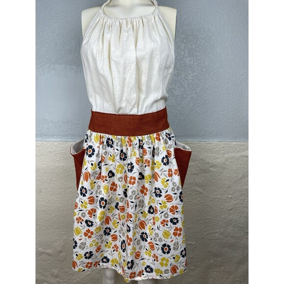 Full Apron Burnt Orange Burlap Pockets Floral Print Halter Smock Retro Inspired - Picture 5 of 15